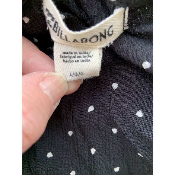 Billabong Lust Wild Blouse Top Flared Sleeve Black Polka Dot Button Down Tie L - Picture 7 of 8